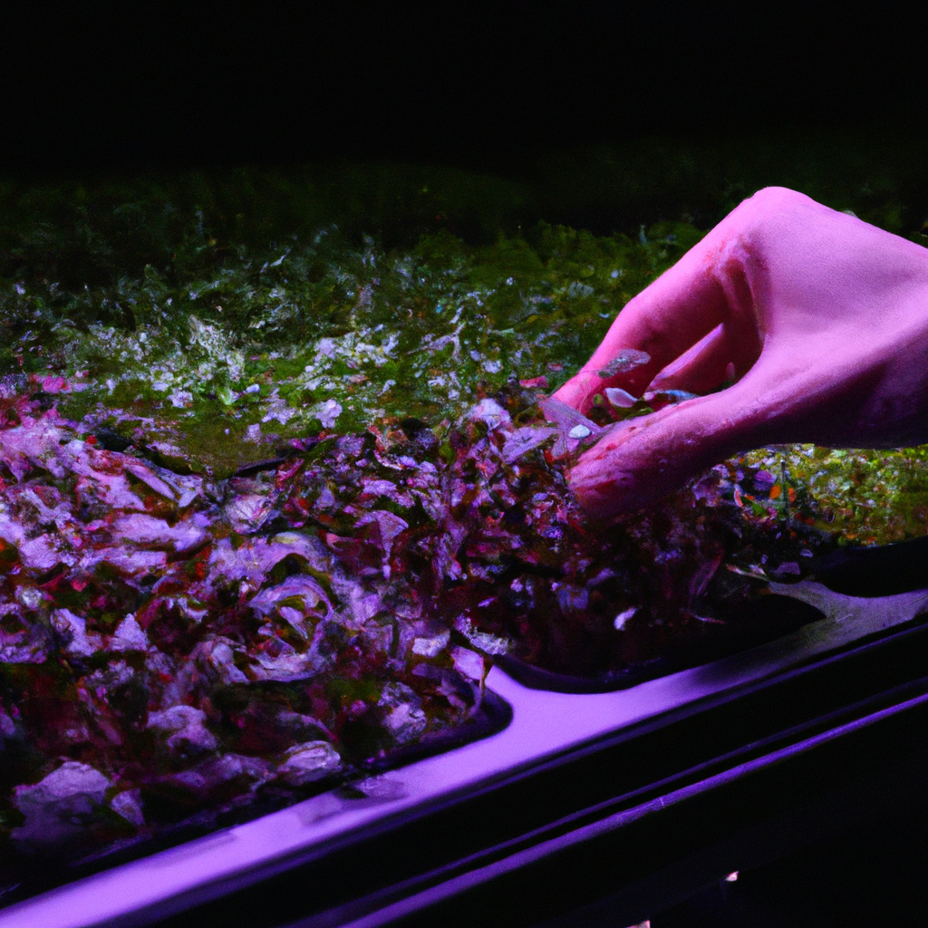 Microgreens trays on an indoor shelf under LED lights, clean workflow, harvest-ready greens